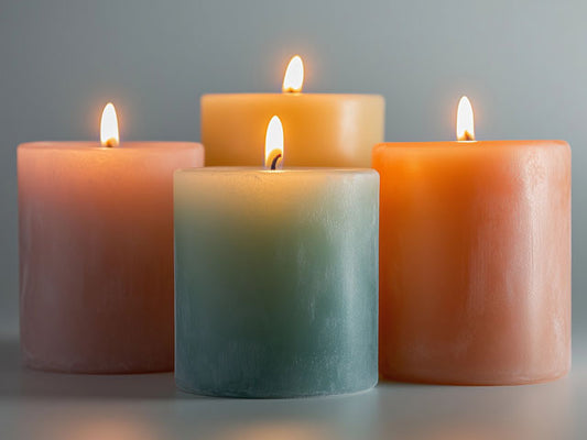 Four lit candles burning that look like Bath and Body Works candles