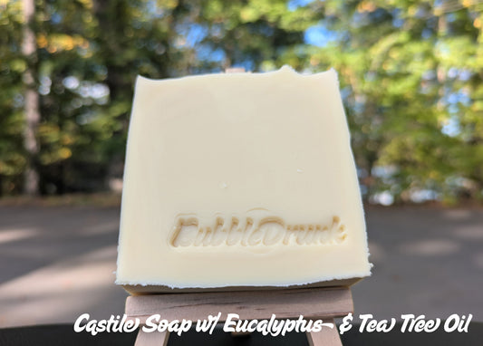 A bar of vegan friendly Castile Soap made with 100% Olive Oil, Eucalyptus & Tea Tree essential oils
